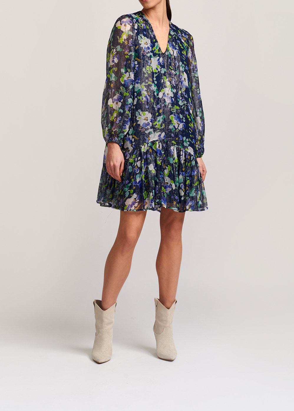 Robe trapèze bleu foncé à  imprimé floral RE—SSENTIEL seconde main photo 4
