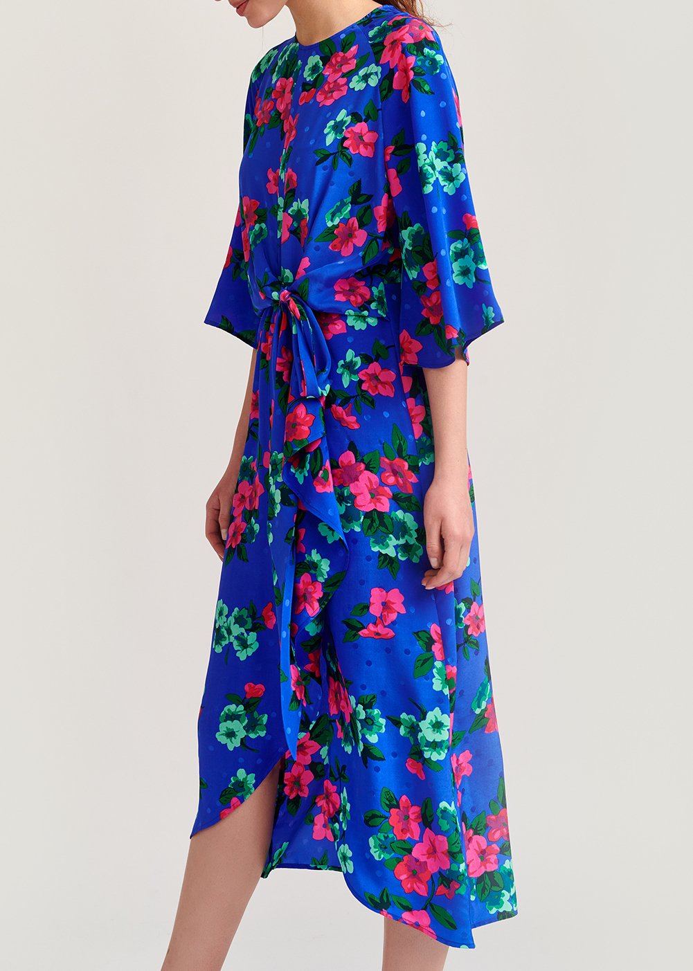Blauwe zijden midi-jurk met bloemen en stippen RE—SSENTIEL tweedehands photo 6
