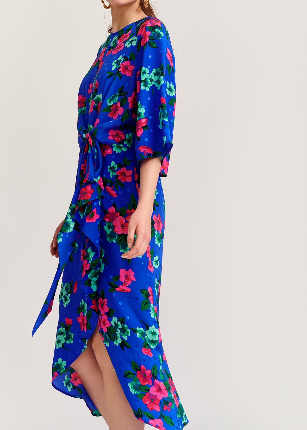 Blauwe zijden midi-jurk met bloemen en stippen RE—SSENTIEL tweedehands photo 8