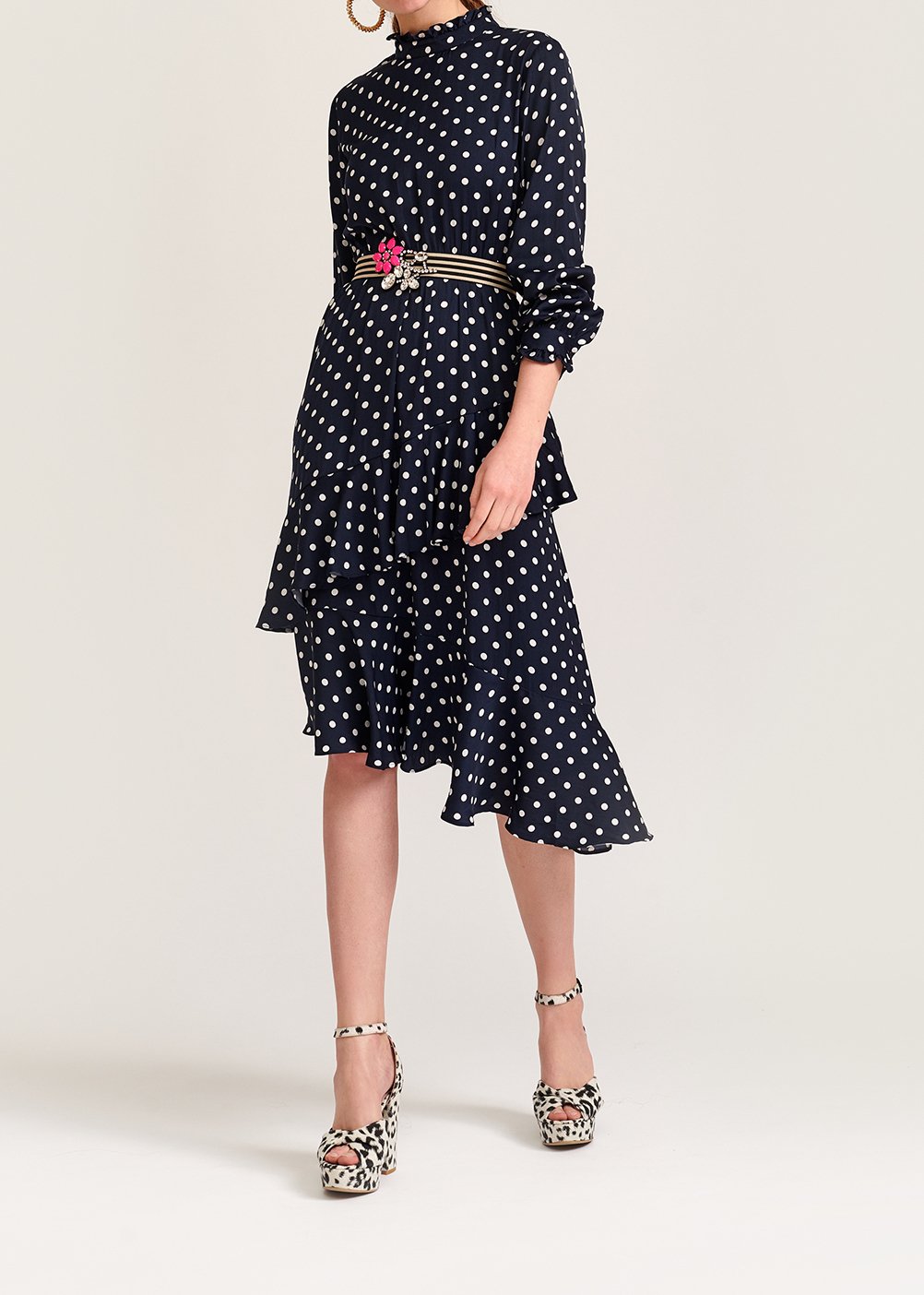 Dark blue polka dot ruffled midi dress RE—SSENTIEL second-hand photo 3