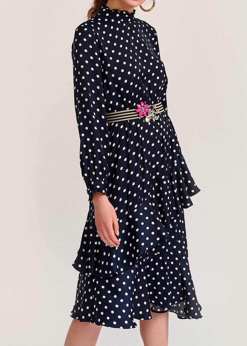 Dark blue polka dot ruffled midi dress RE—SSENTIEL second-hand photo 4