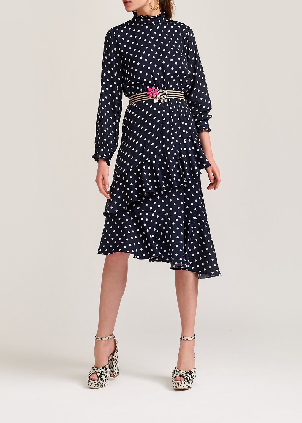 Dark blue polka dot ruffled midi dress RE—SSENTIEL second-hand photo 8