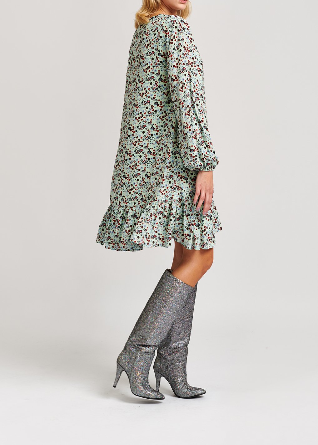 Muntgroene mini-jurk met bloemenprint RE—SSENTIEL tweedehands photo 3
