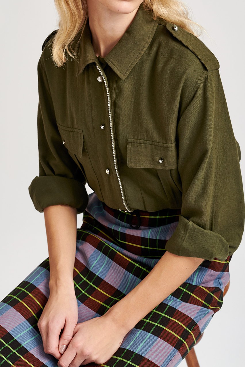 Army green cotton-blend shirt with strass placket RE—SSENTIEL second-hand photo 3