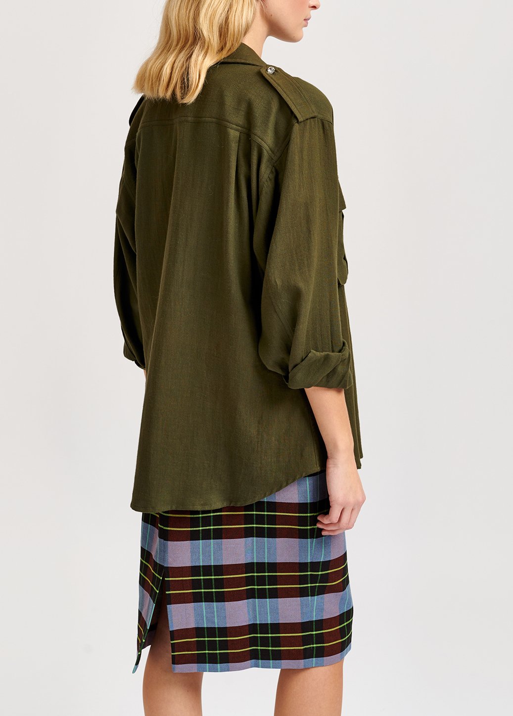 Army green cotton-blend shirt with strass placket RE—SSENTIEL second-hand photo 4