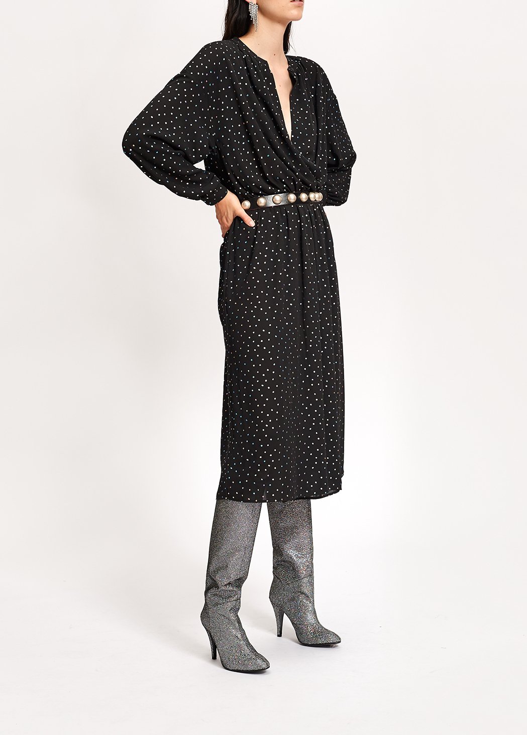 Black belted midi dress with holographic polka dots RE—SSENTIEL second-hand photo 3