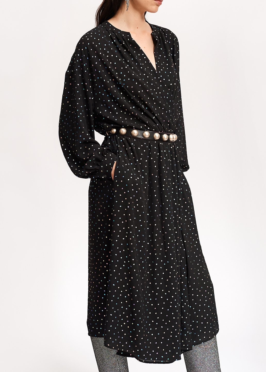Black belted midi dress with holographic polka dots RE—SSENTIEL second-hand photo 6
