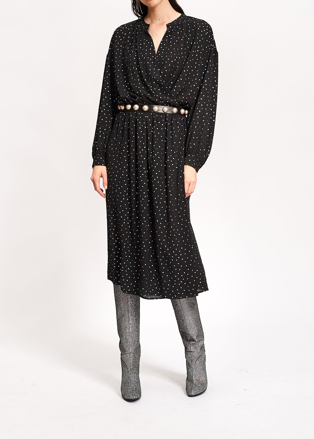 Black belted midi dress with holographic polka dots RE—SSENTIEL second-hand photo 7