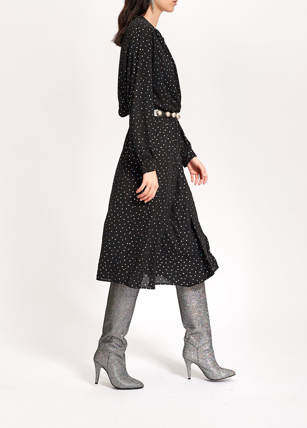 Black belted midi dress with holographic polka dots RE—SSENTIEL second-hand photo 8