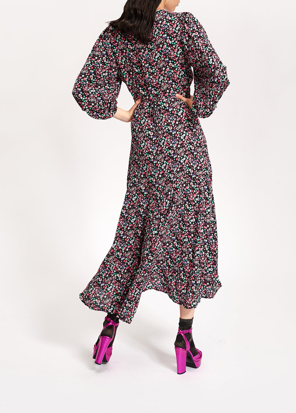 Robe maxi cache-coeur noire à  imprimé floral RE—SSENTIEL seconde main photo 4