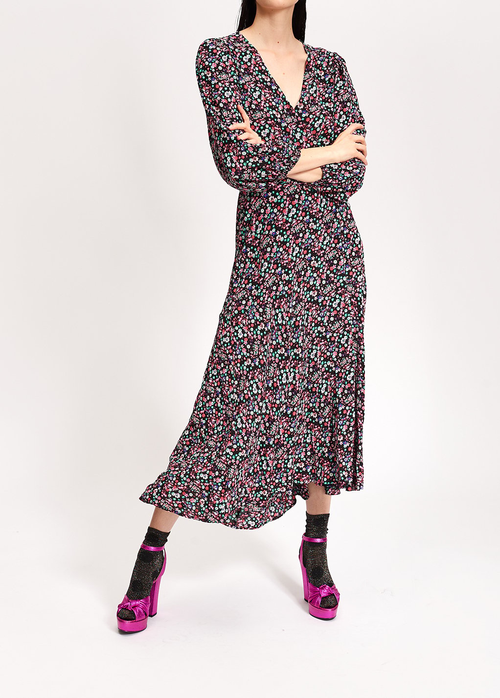 Robe maxi cache-coeur noire à  imprimé floral RE—SSENTIEL seconde main photo 6