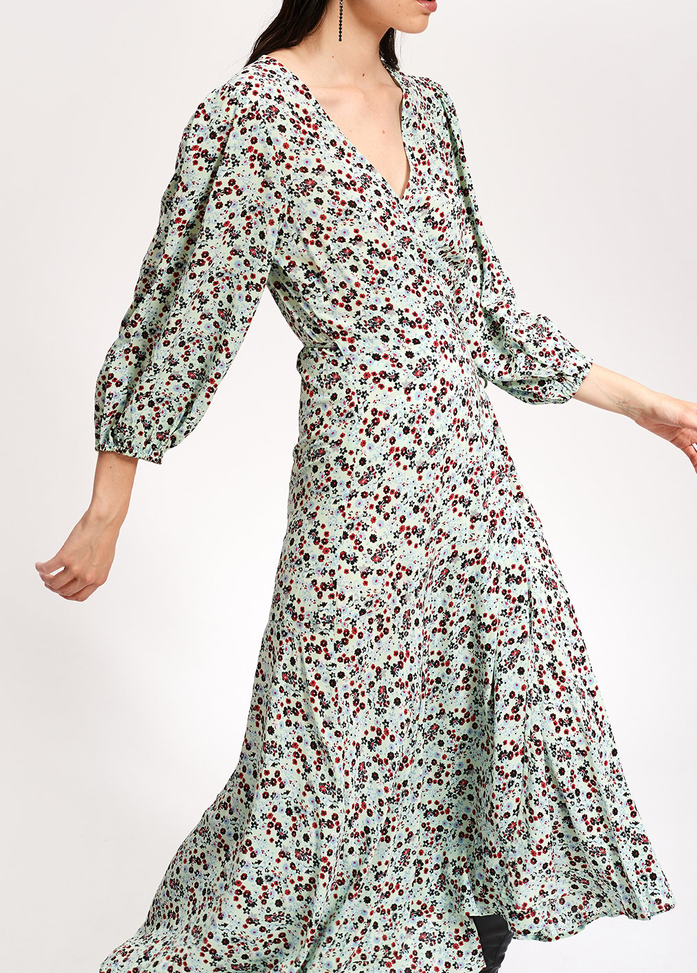 Robe maxi cache-coeur vert menthe à  imprimé floral RE—SSENTIEL seconde main photo 4
