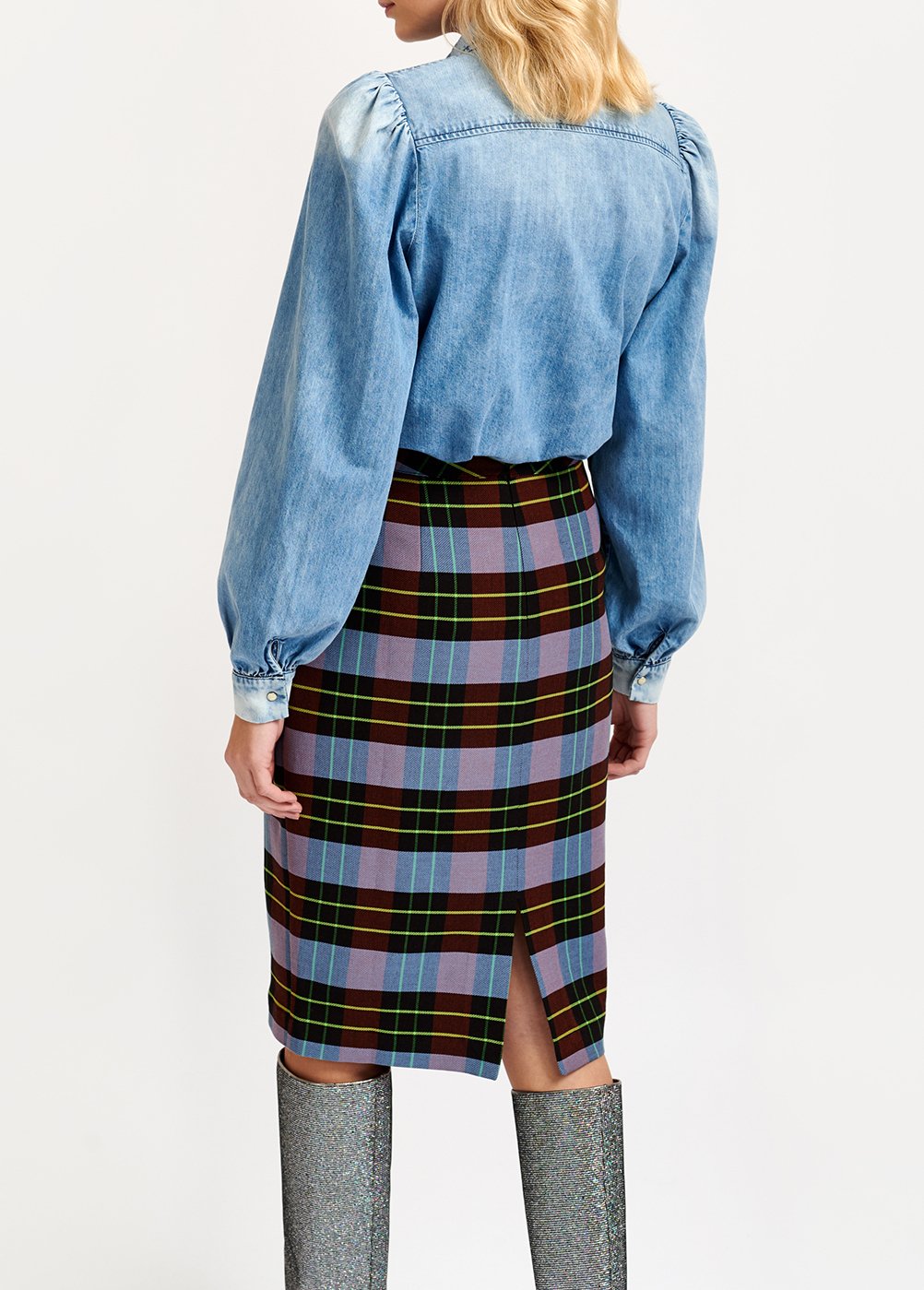 Midirok met lichtblauw, bordeaux en zwart plaidmotief RE—SSENTIEL tweedehands photo 5