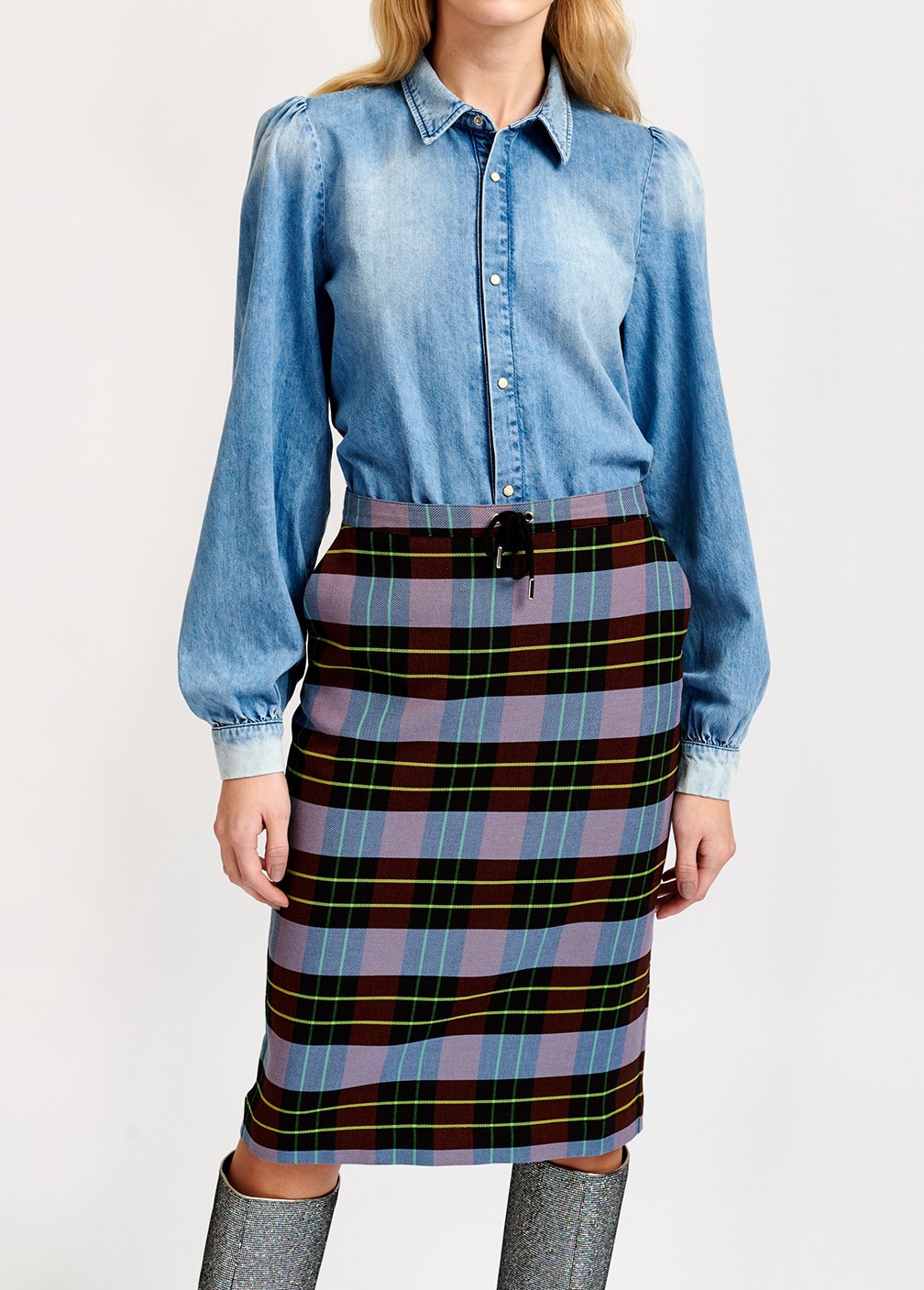 Midirok met lichtblauw, bordeaux en zwart plaidmotief RE—SSENTIEL tweedehands photo 6