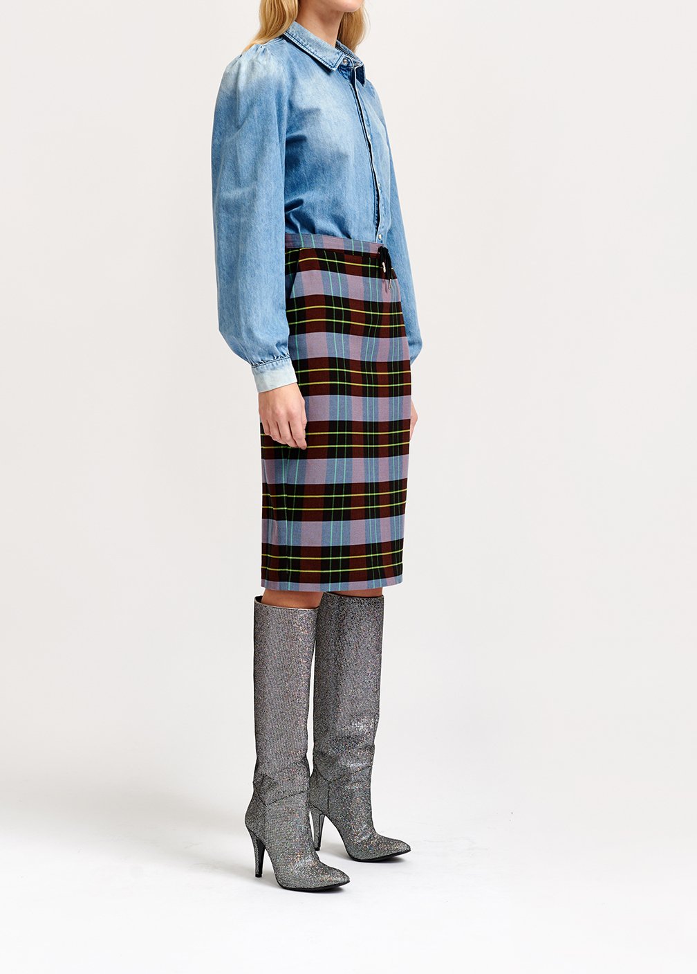 Midirok met lichtblauw, bordeaux en zwart plaidmotief RE—SSENTIEL tweedehands photo 7