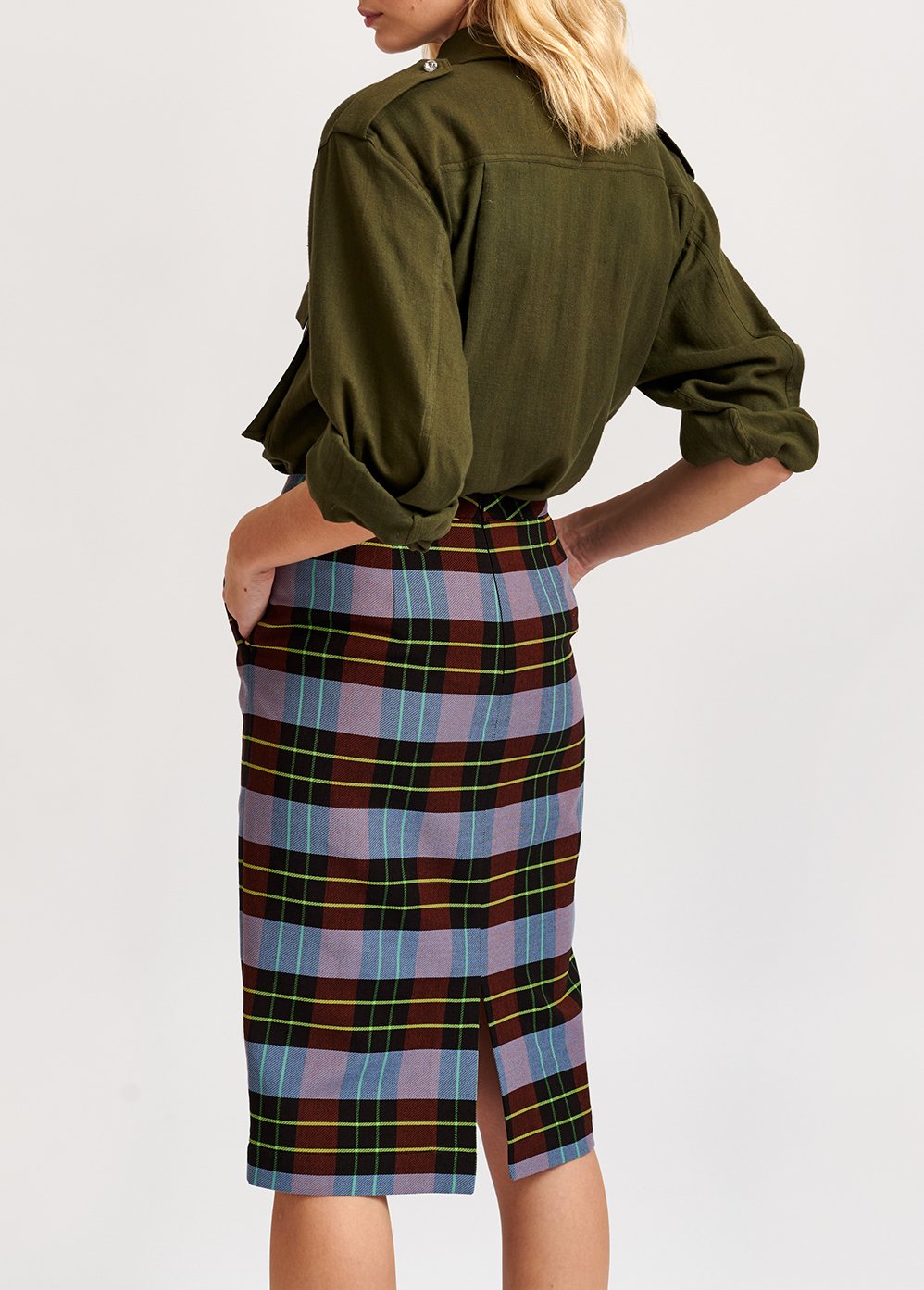 Midirok met lichtblauw, bordeaux en zwart plaidmotief RE—SSENTIEL tweedehands photo 8