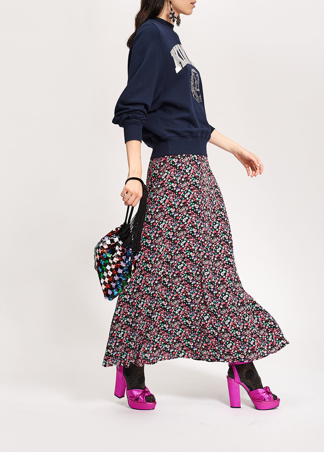 Jupe maxi noire cache-coeur à  imprimé floral RE—SSENTIEL seconde main photo 4