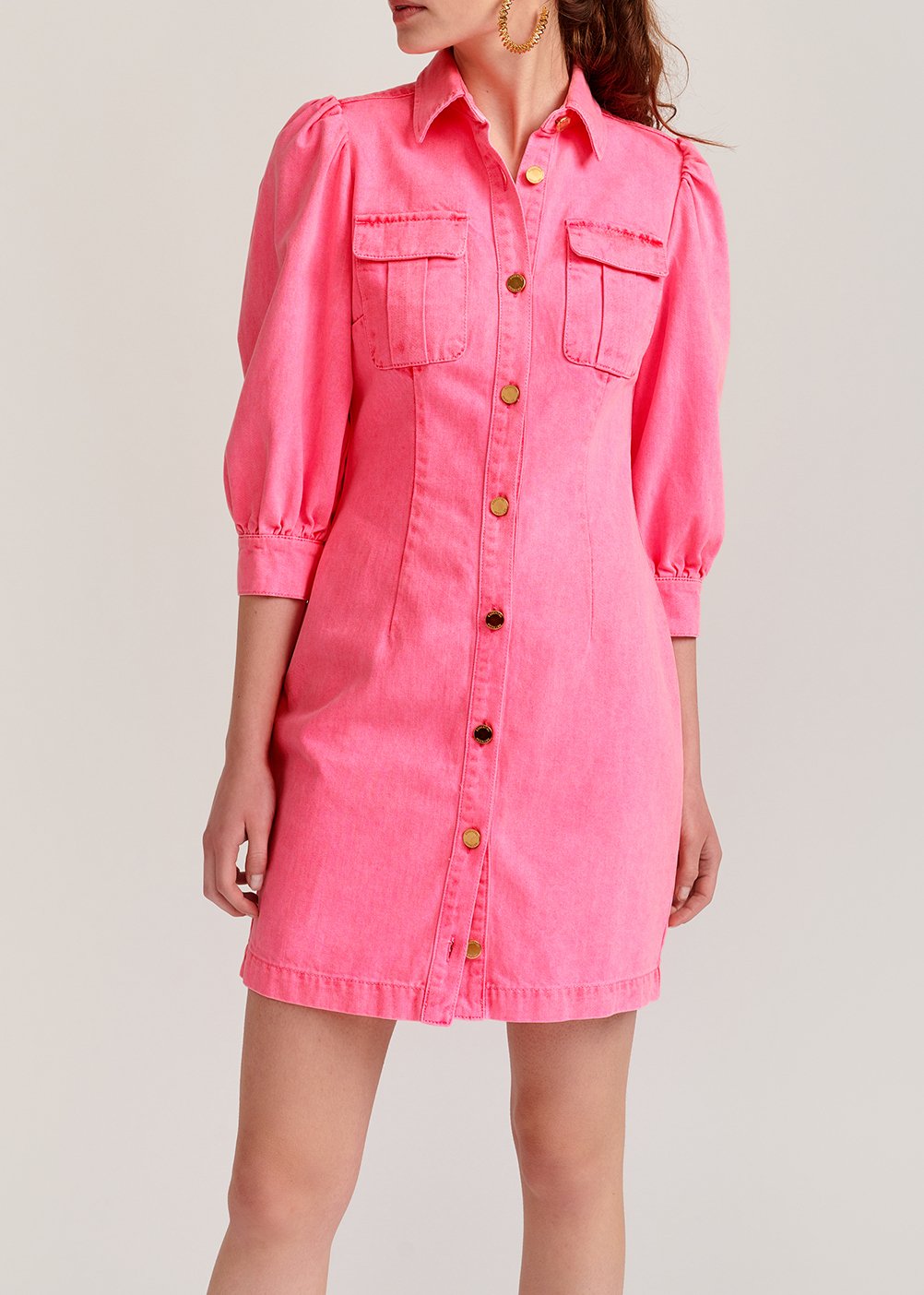 Robe mini en jean rose fluo aux manches bouffantes RE—SSENTIEL seconde main photo 3