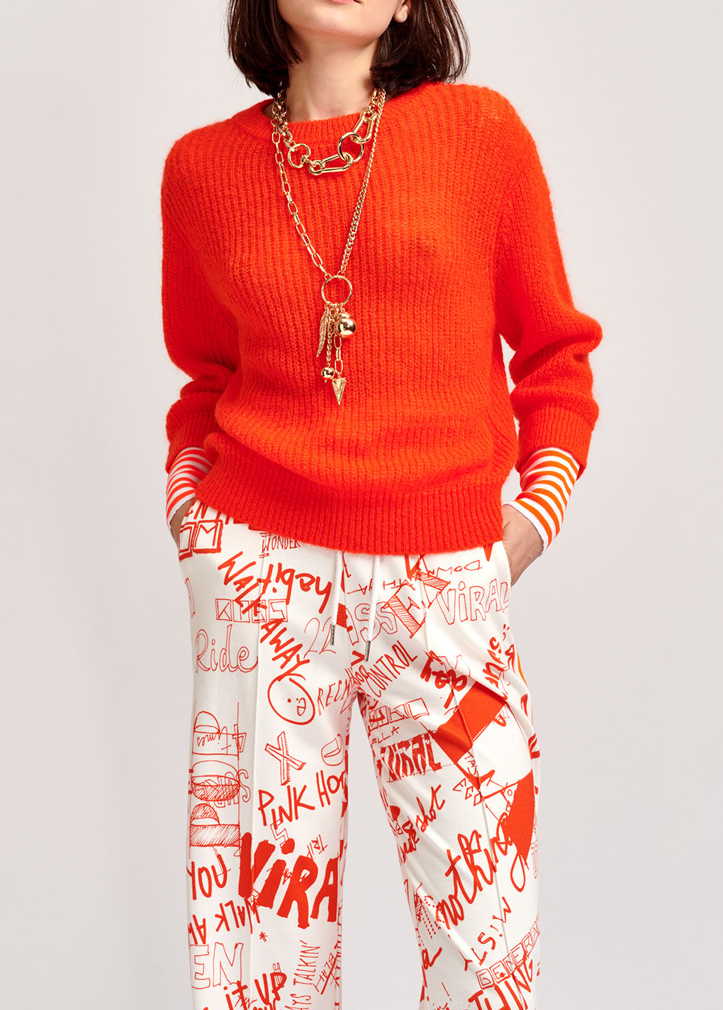 Pull maille côtelée orange aux manchettes rayées fluo RE—SSENTIEL seconde main photo 4