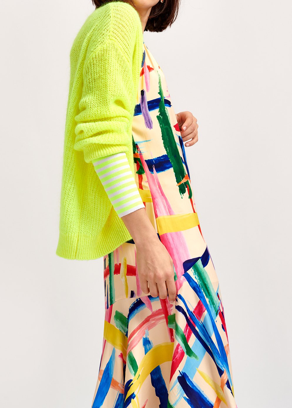 Cardigan maille côtelée jaune aux manchettes rayées fluo RE—SSENTIEL seconde main photo 3