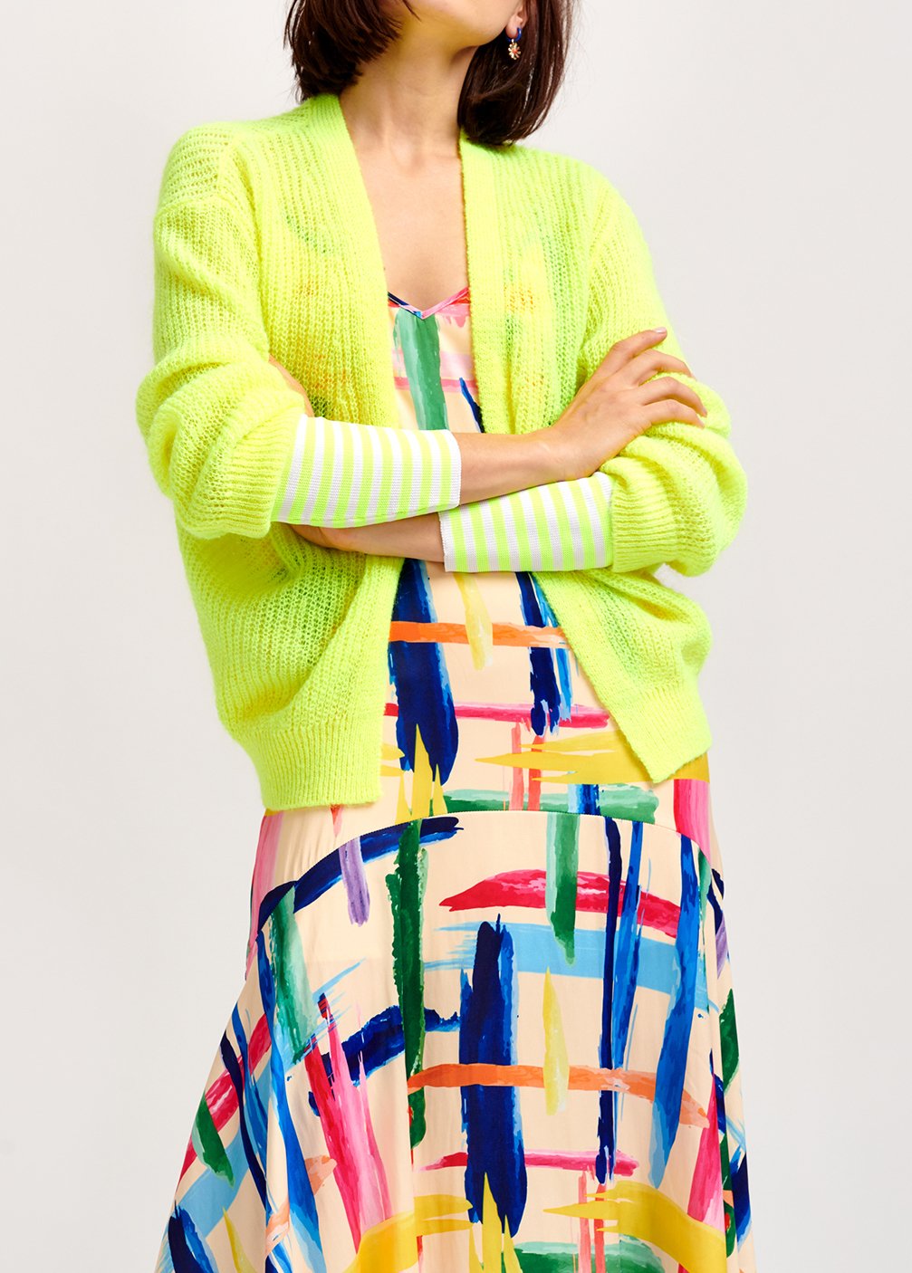 Cardigan maille côtelée jaune aux manchettes rayées fluo RE—SSENTIEL seconde main photo 6