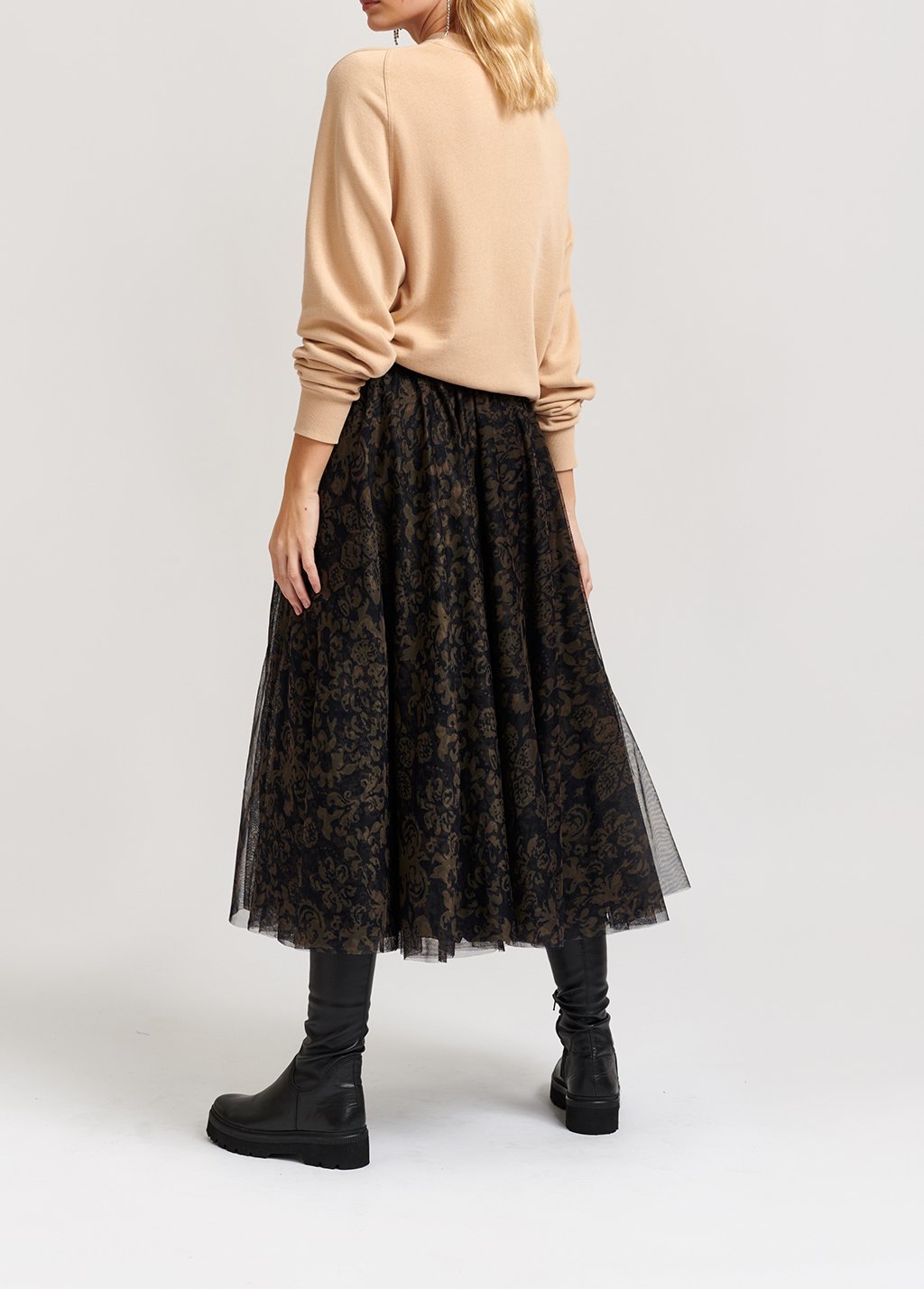 Jupe midi tulle noire et vert kaki à  imprimé brocart RE—SSENTIEL seconde main photo 6