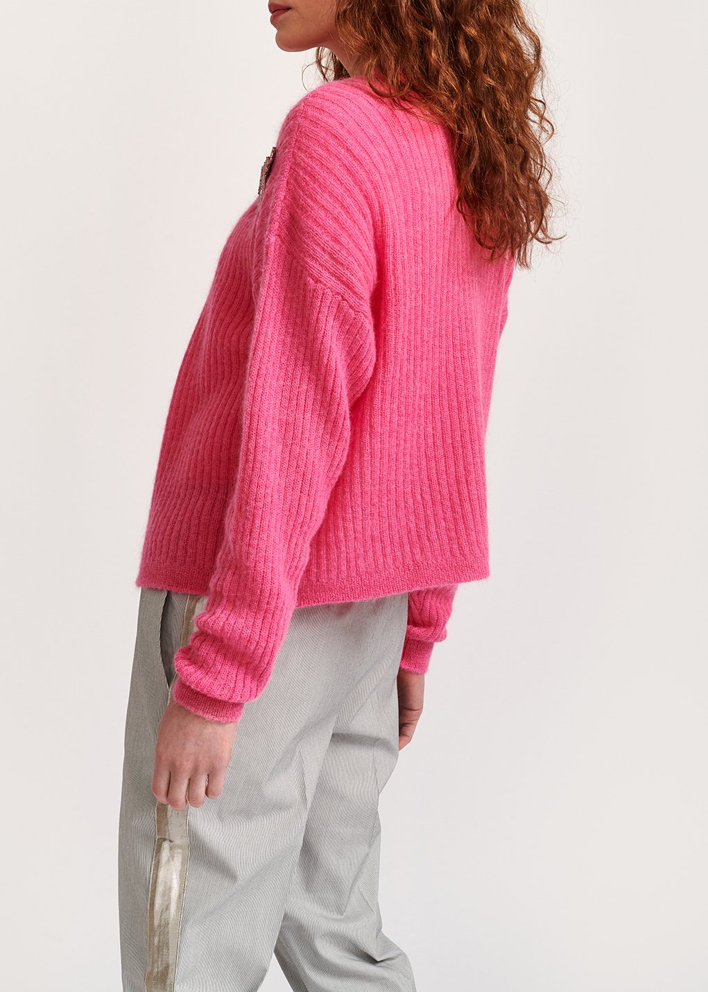Neon pink mohair-blend ribbed-knit cardigan RE—SSENTIEL second-hand photo 4