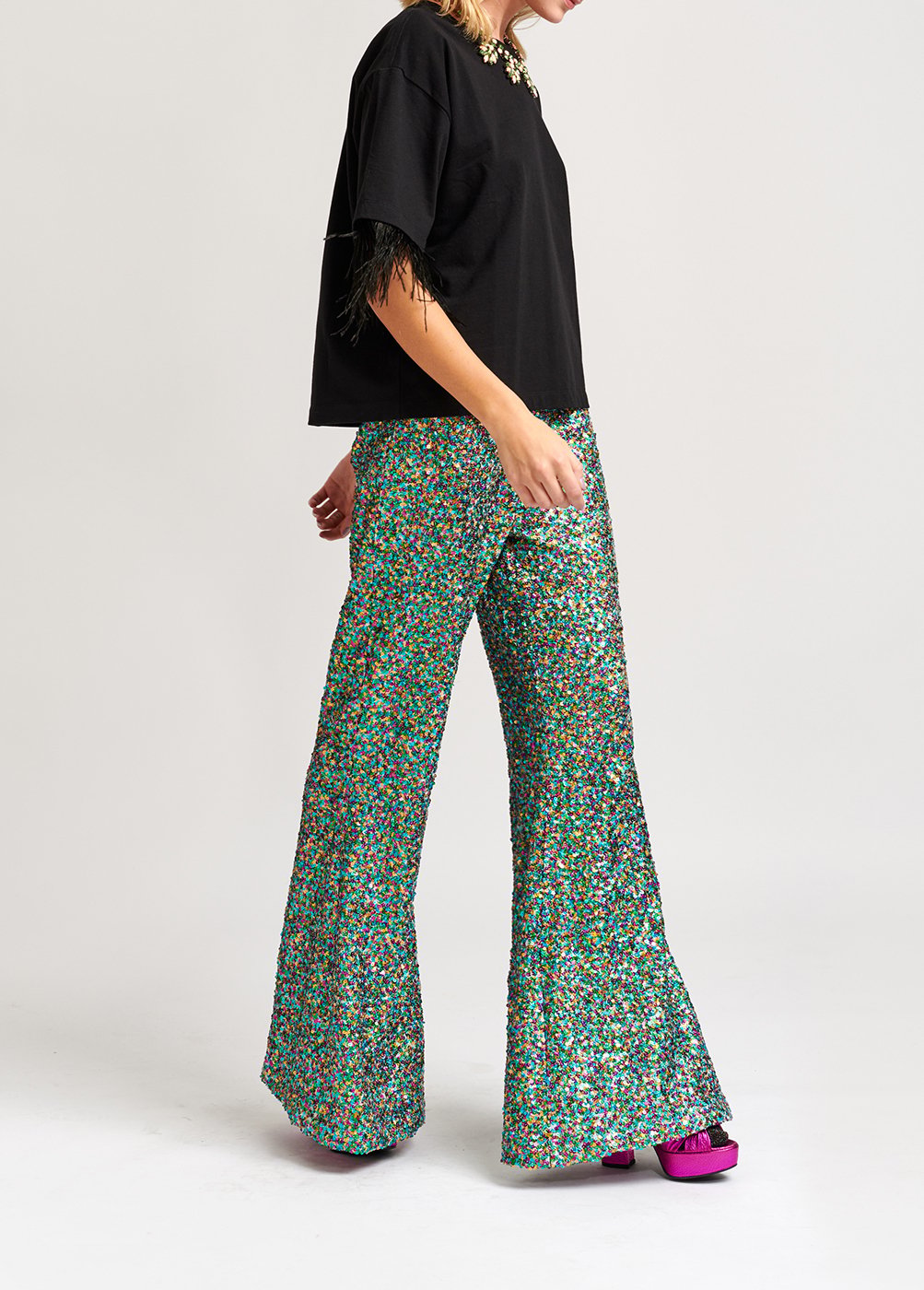 Pantalon aux jambes évasées à  paillettes vertes, fuchsia et bleues RE—SSENTIEL seconde main photo 4