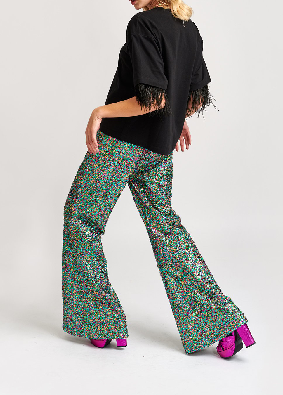Pantalon aux jambes évasées à  paillettes vertes, fuchsia et bleues RE—SSENTIEL seconde main photo 7
