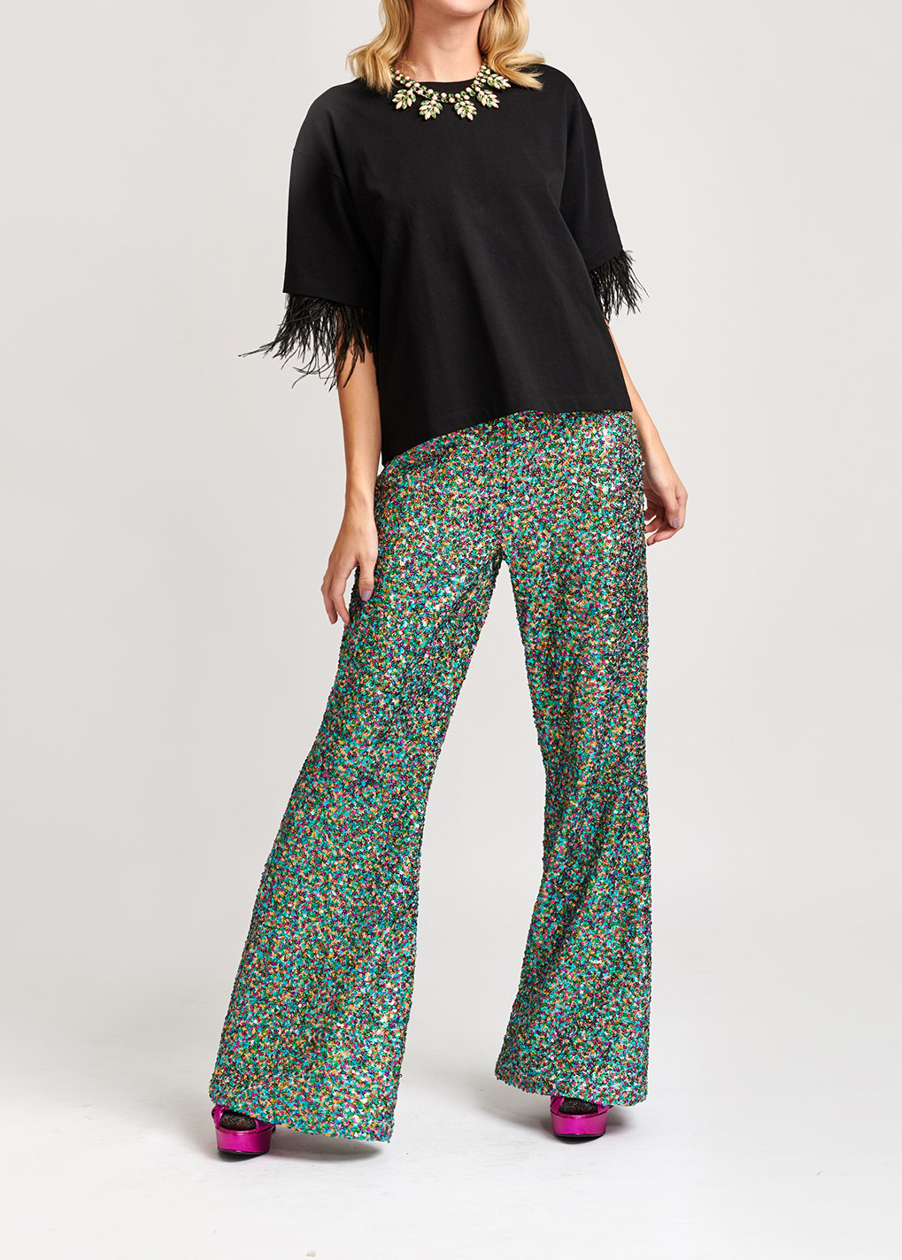 Pantalon aux jambes évasées à  paillettes vertes, fuchsia et bleues RE—SSENTIEL seconde main photo 8