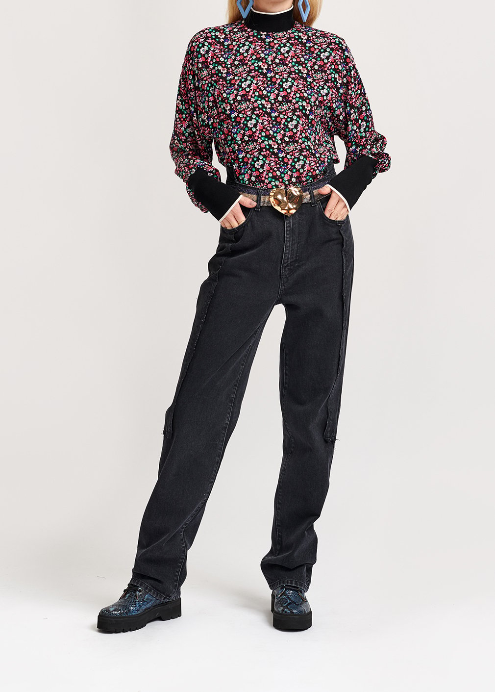Black cotton patchwork jeans RE—SSENTIEL second-hand photo 3