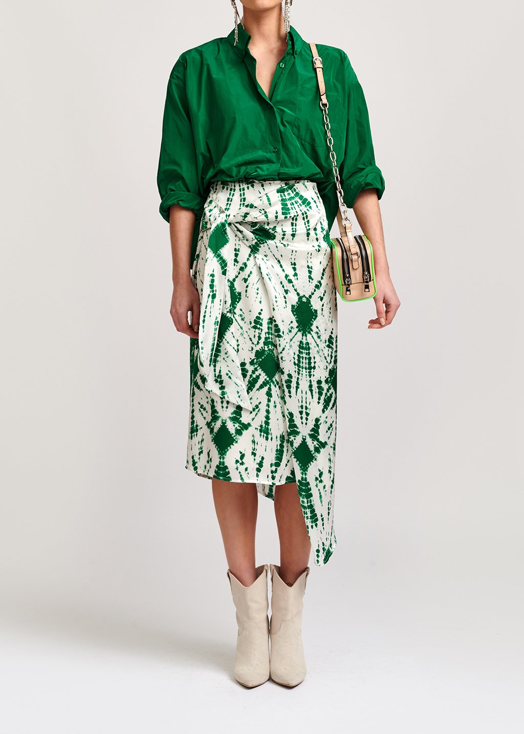 Gebroken witte en groene tie-dyed zijden midirok RE—SSENTIEL tweedehands photo 3