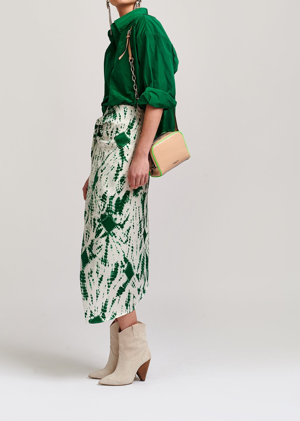 Gebroken witte en groene tie-dyed zijden midirok RE—SSENTIEL tweedehands photo 5