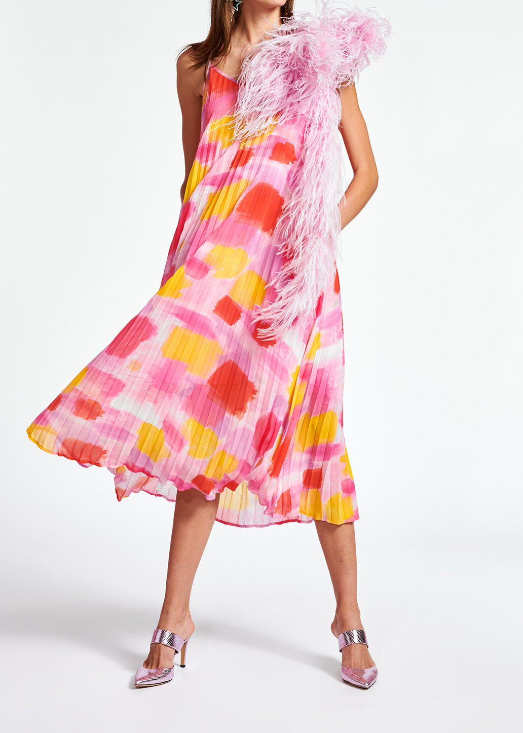 Pink and yellow plissé midi-length dress RE—SSENTIEL second-hand photo 3