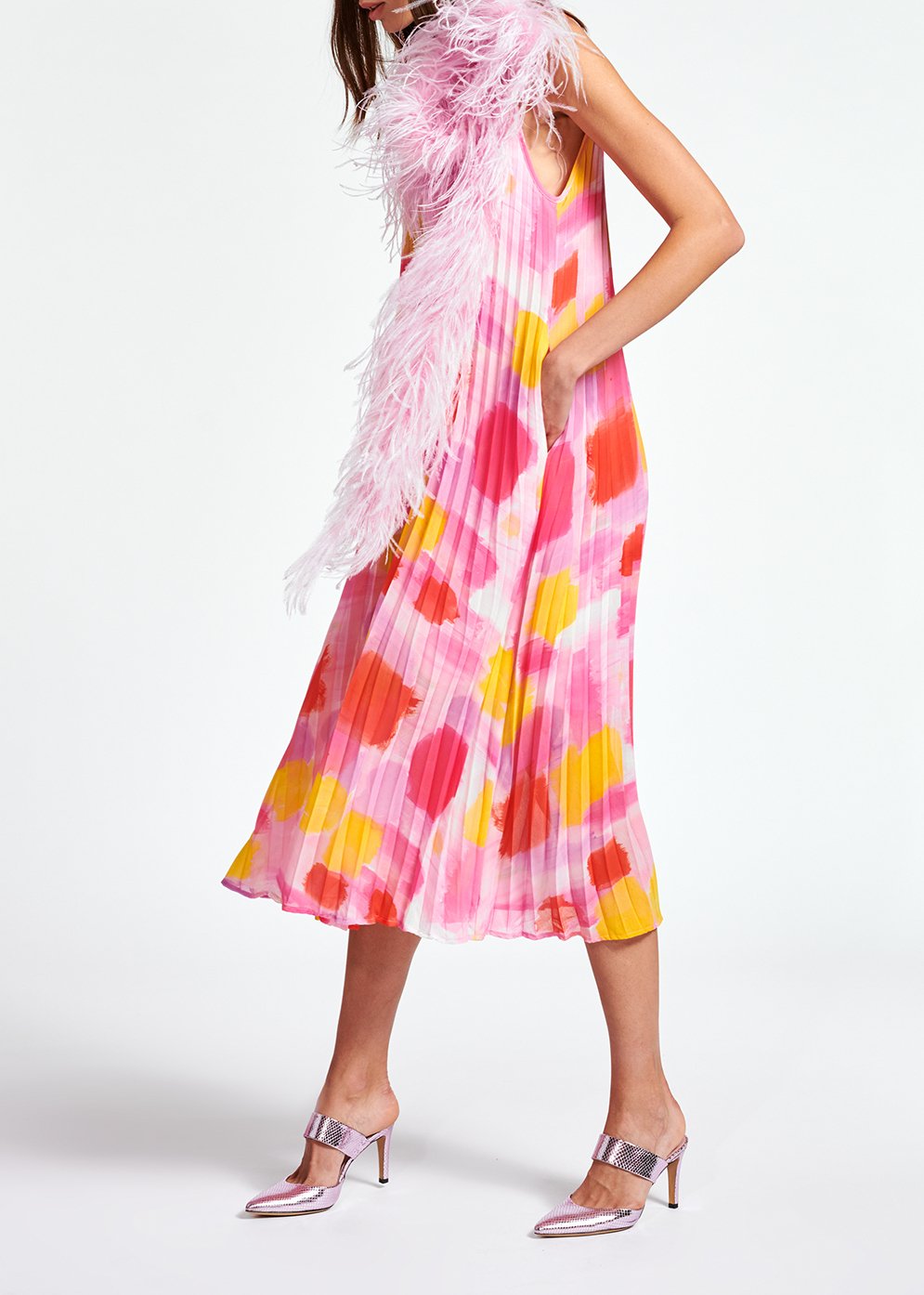 Pink and yellow plissé midi-length dress RE—SSENTIEL second-hand photo 5