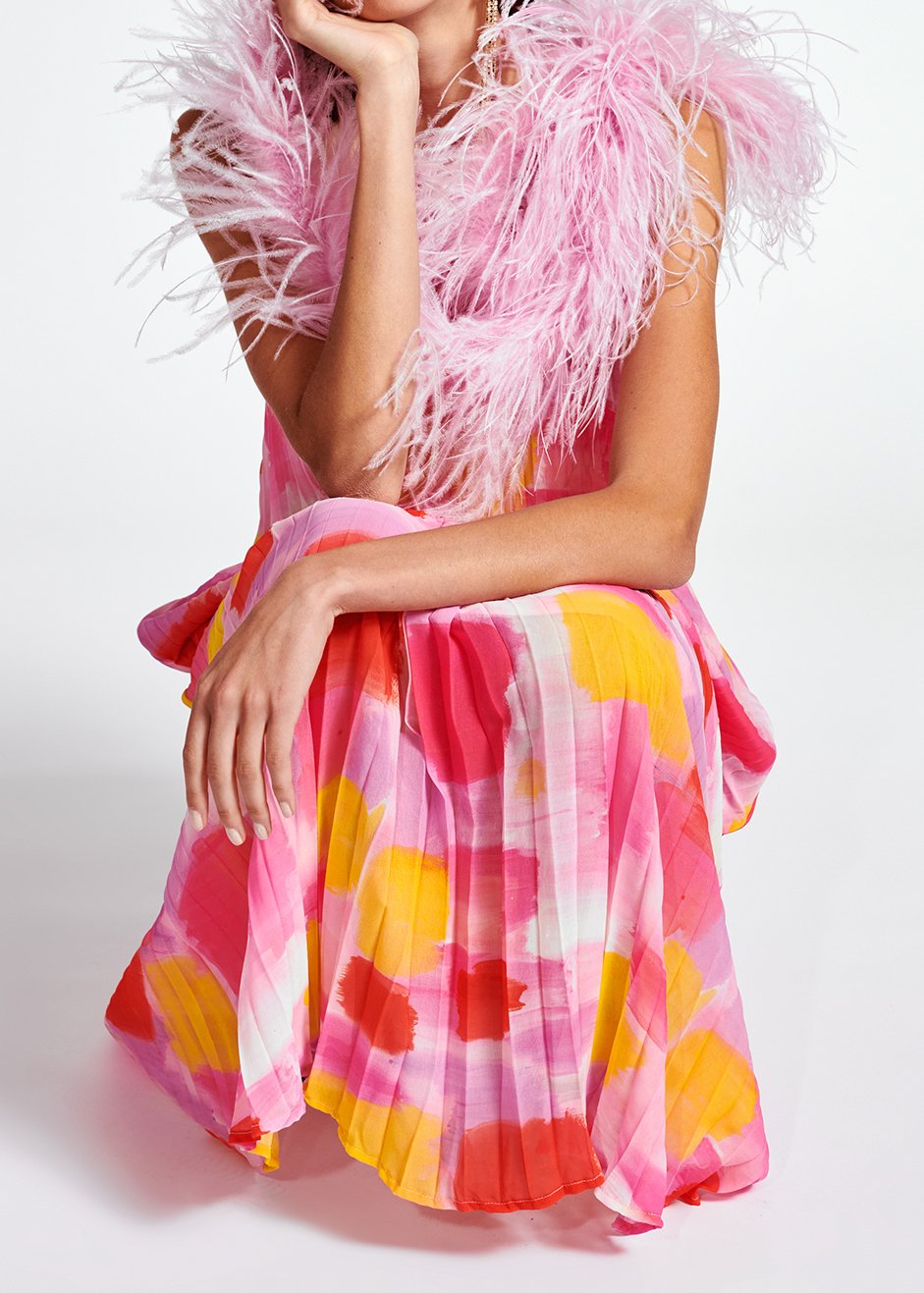 Pink and yellow plissé midi-length dress RE—SSENTIEL second-hand photo 6