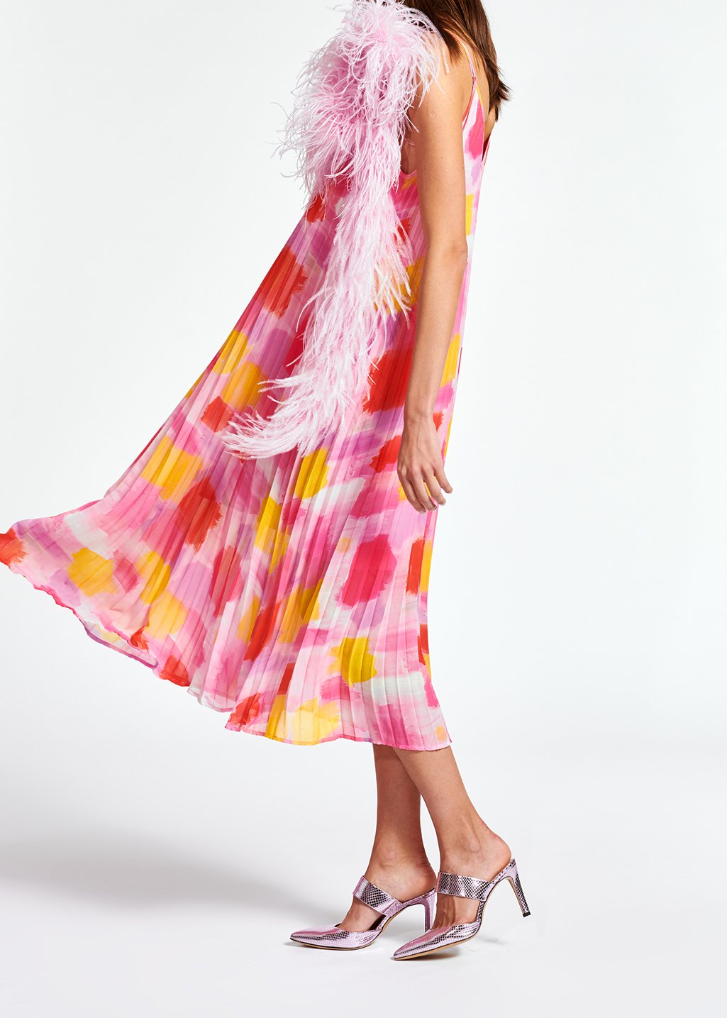 Pink and yellow plissé midi-length dress RE—SSENTIEL second-hand photo 7