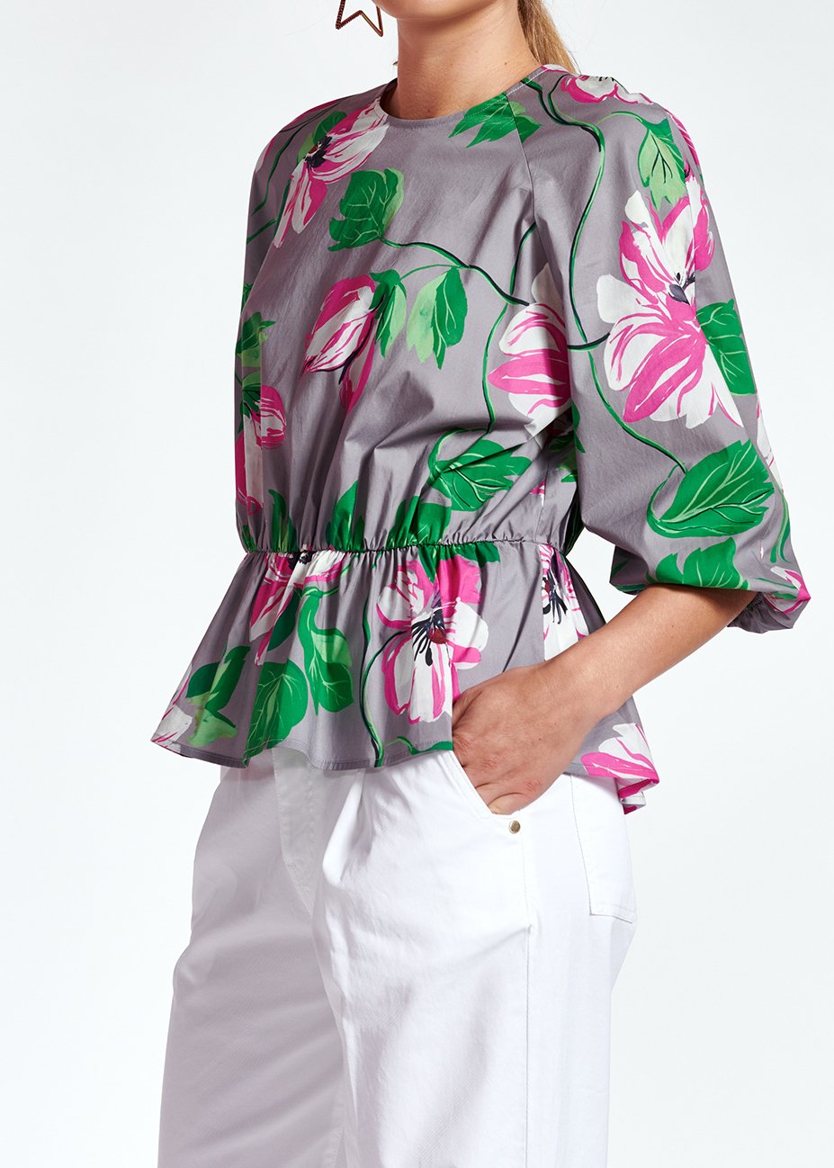 Grijze peplumtop van popeline met bloemen RE—SSENTIEL tweedehands photo 4