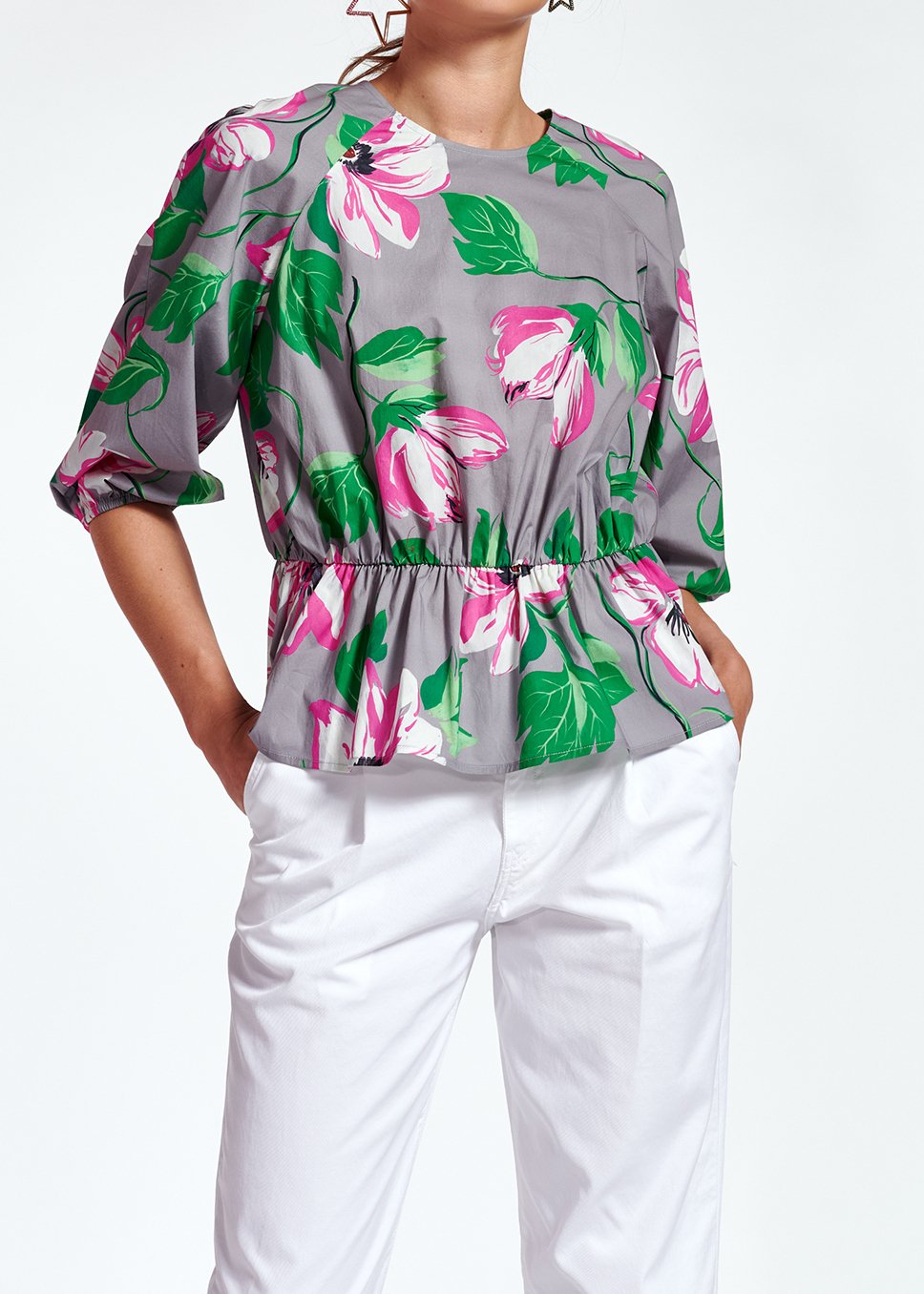 Grijze peplumtop van popeline met bloemen RE—SSENTIEL tweedehands photo 6