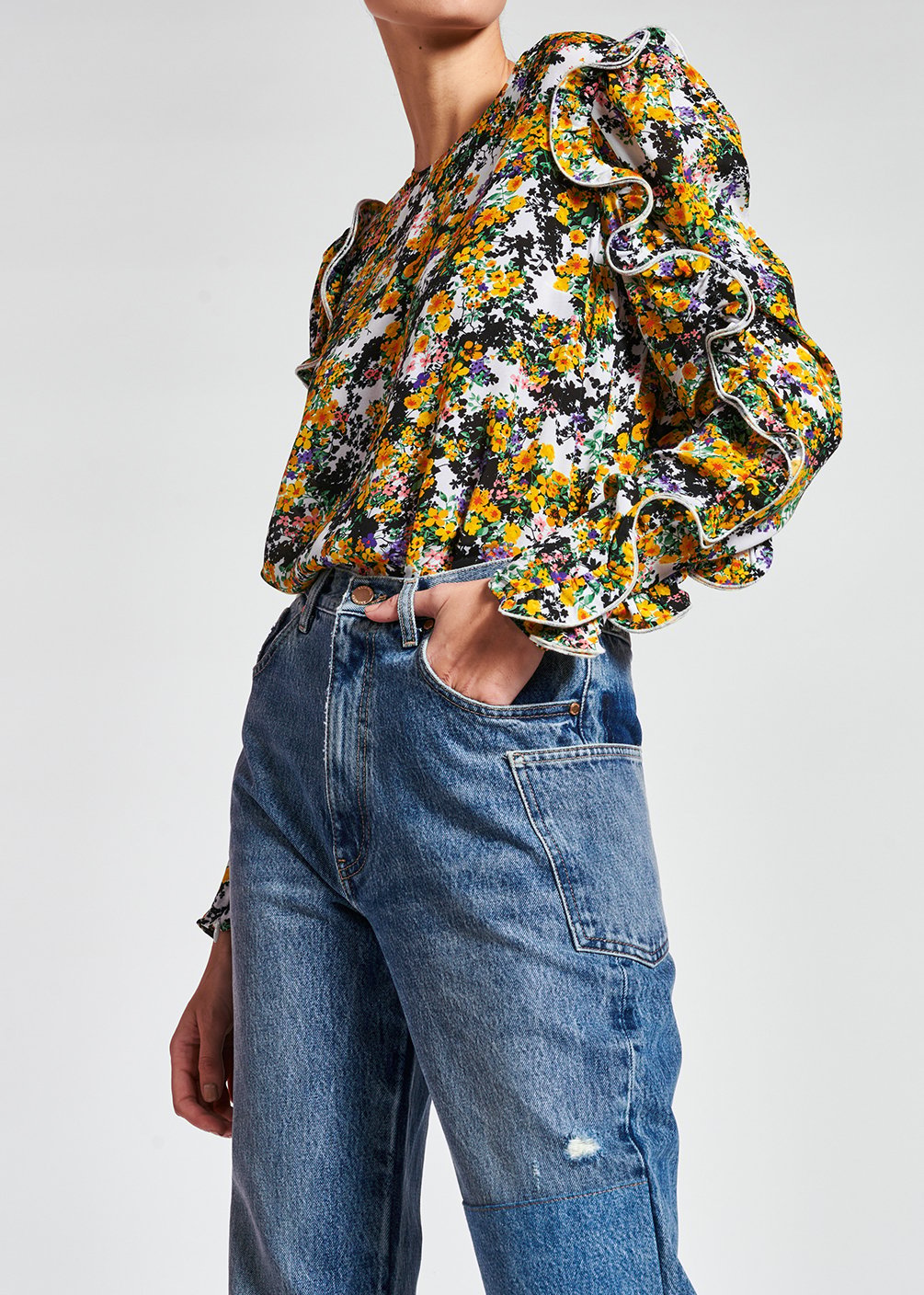 Off-white ruffled floral-print top RE—SSENTIEL second-hand photo 5