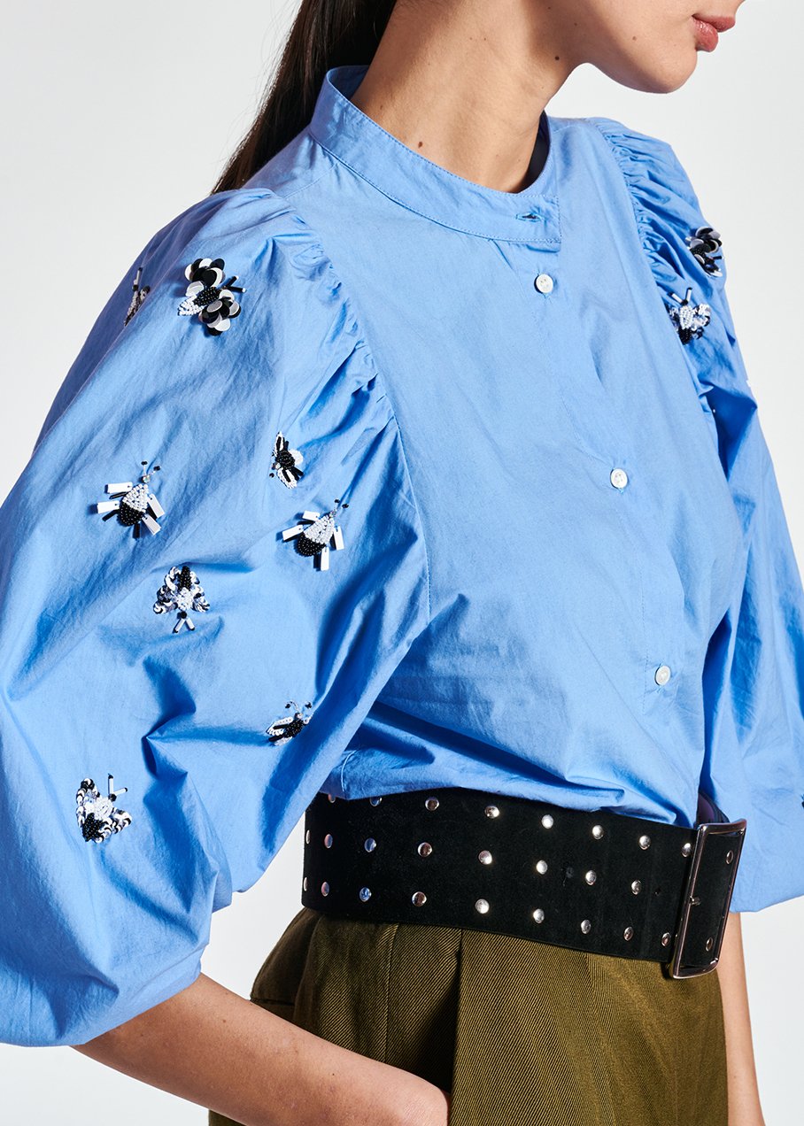 Blue cotton-poplin embroidered puffed-sleeve shirt RE—SSENTIEL second-hand photo 3