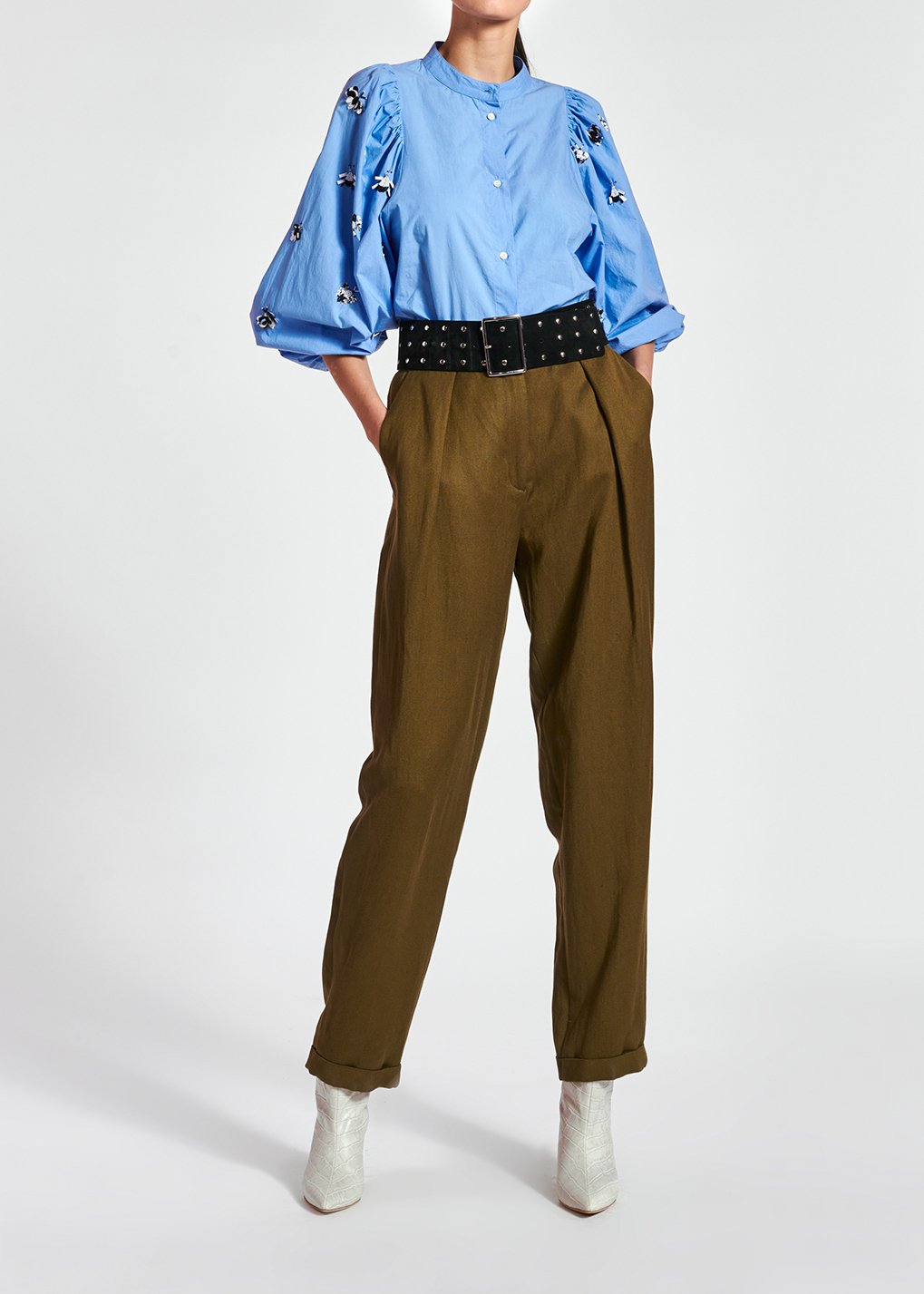 Blue cotton-poplin embroidered puffed-sleeve shirt RE—SSENTIEL second-hand photo 4