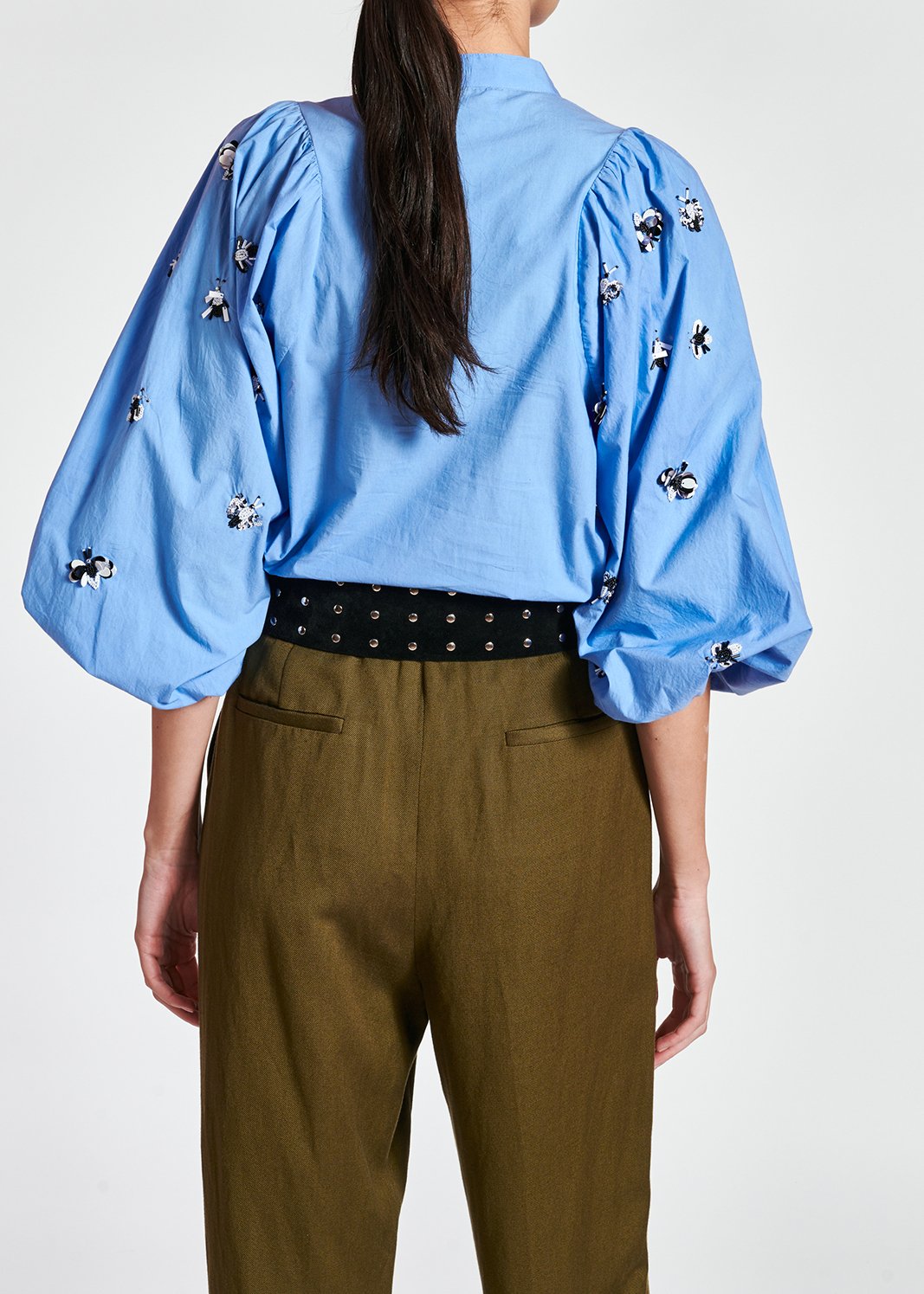 Blue cotton-poplin embroidered puffed-sleeve shirt RE—SSENTIEL second-hand photo 5