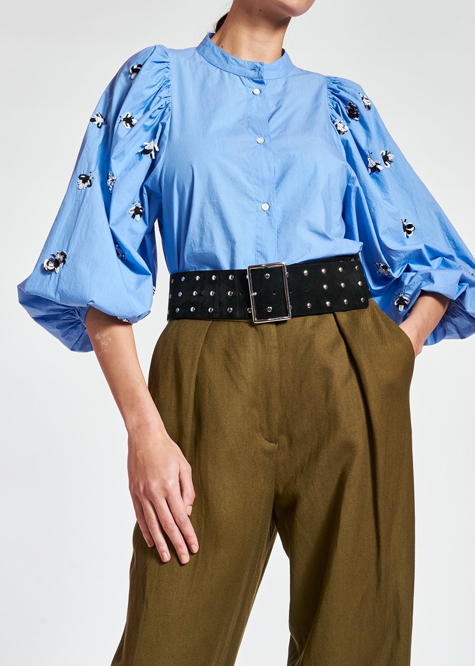 Blue cotton-poplin embroidered puffed-sleeve shirt RE—SSENTIEL second-hand photo 6