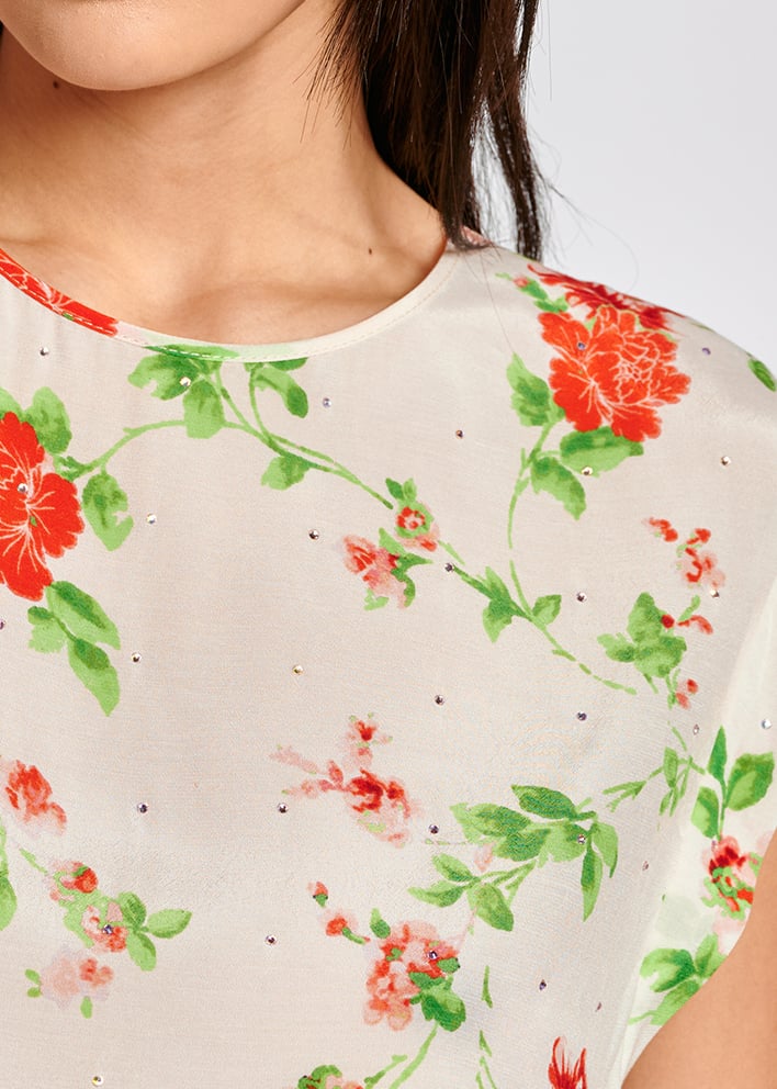Top blanc cassé à  fleurs avec strass RE—SSENTIEL seconde main photo 3