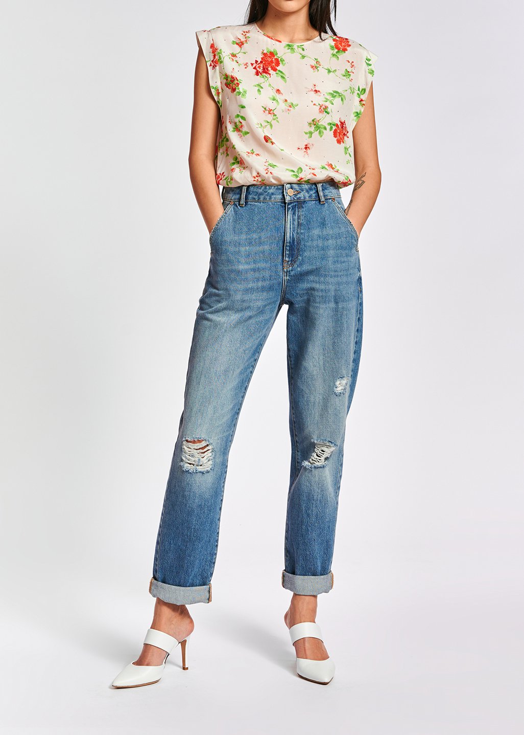 Top blanc cassé à  fleurs avec strass RE—SSENTIEL seconde main photo 4