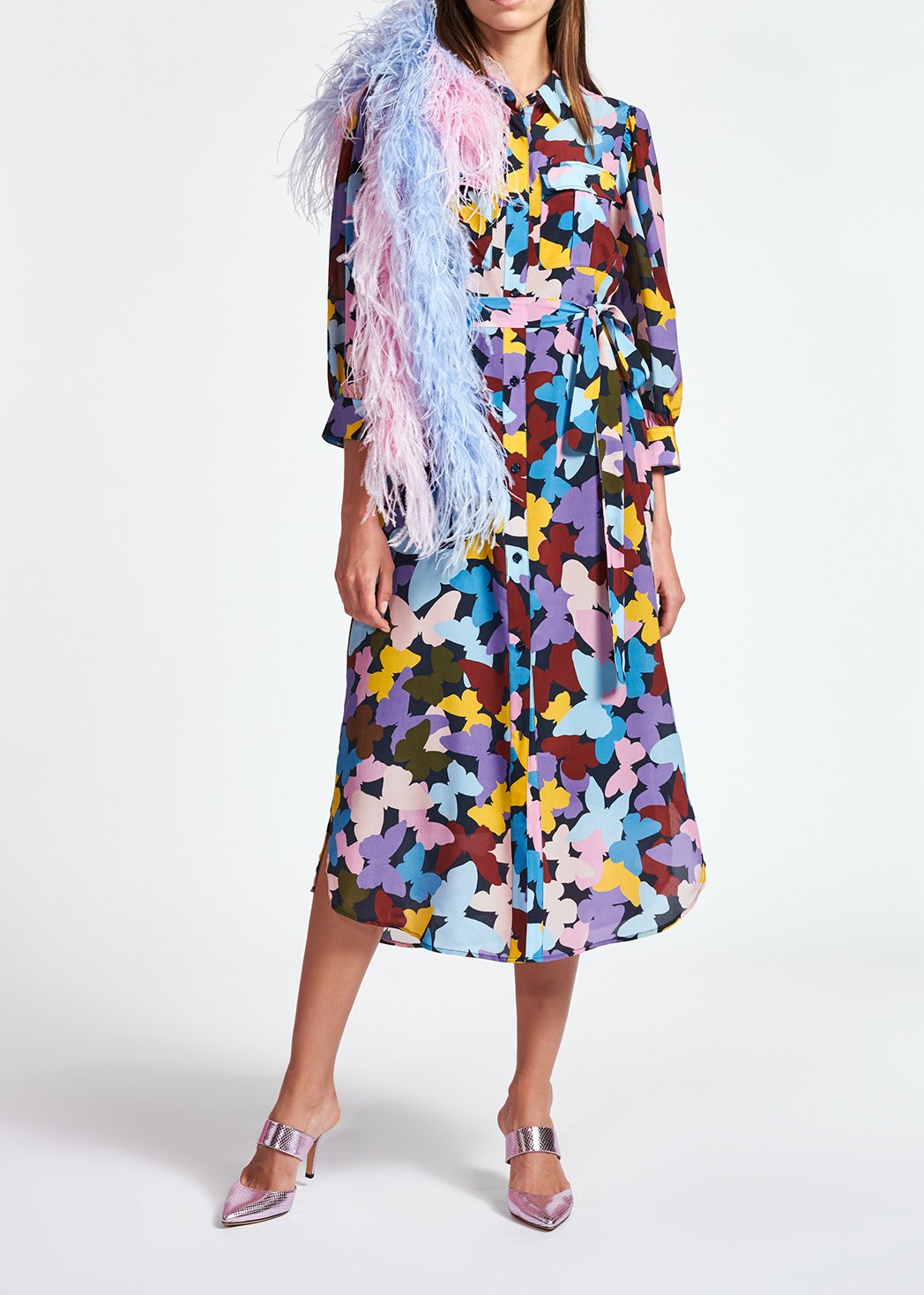Silk burgundy, lilac and blue butterfly-print midi dress RE—SSENTIEL second-hand photo 3