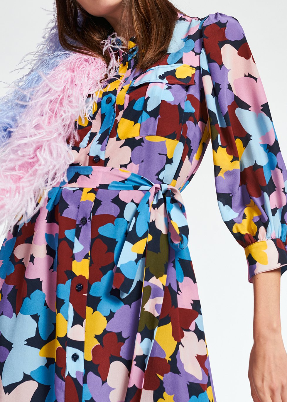 Silk burgundy, lilac and blue butterfly-print midi dress RE—SSENTIEL second-hand photo 4