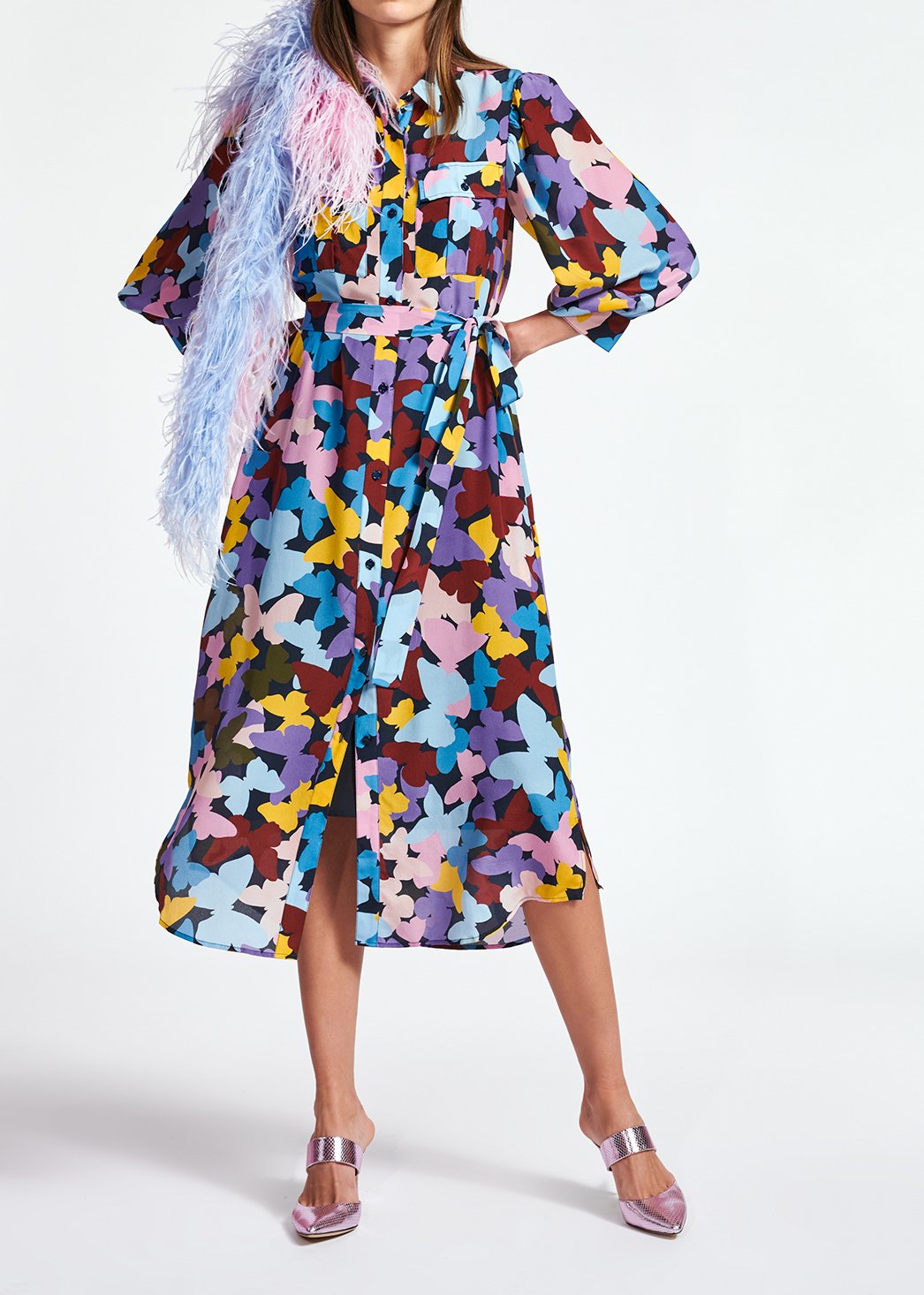 Silk burgundy, lilac and blue butterfly-print midi dress RE—SSENTIEL second-hand photo 5