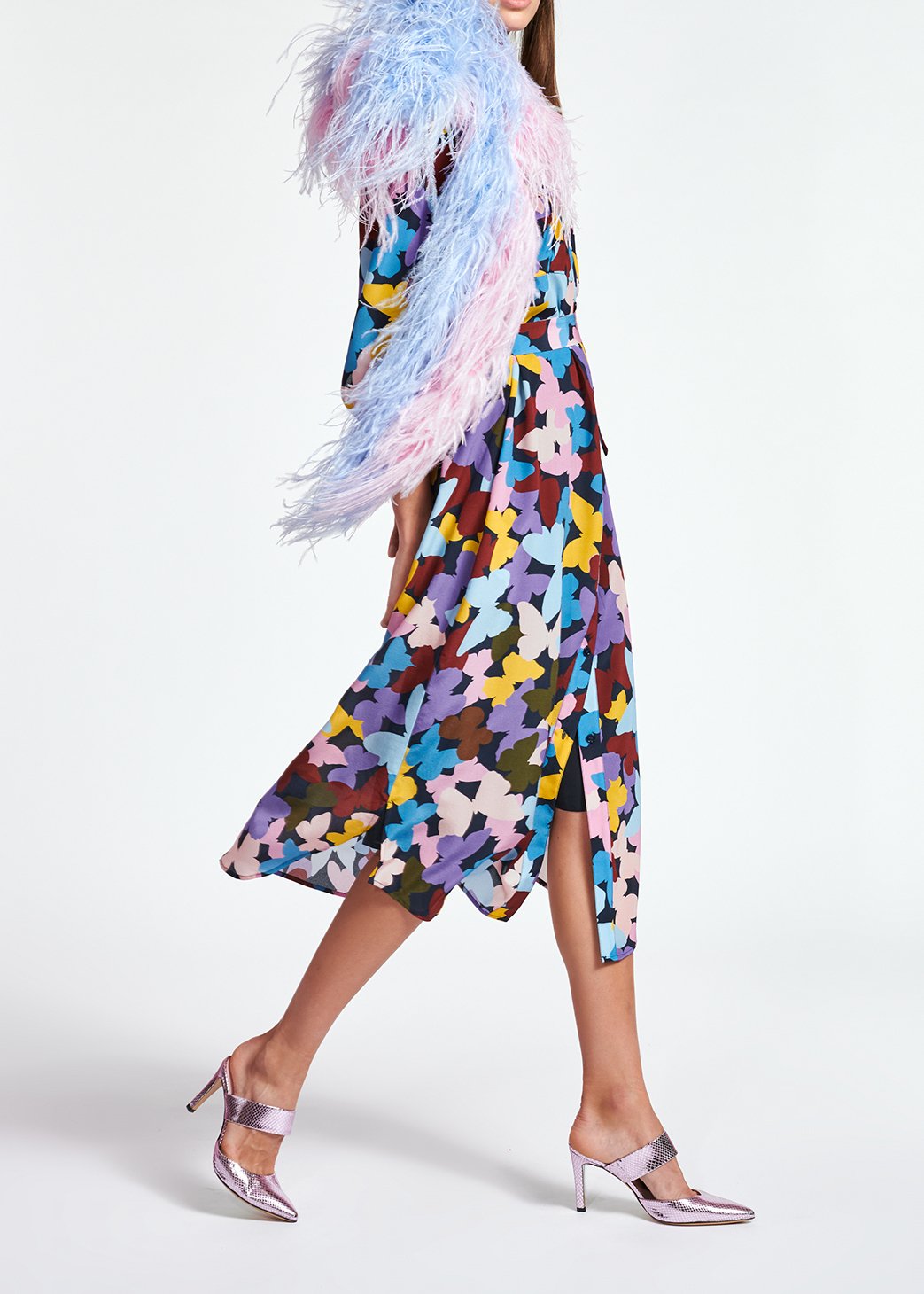 Silk burgundy, lilac and blue butterfly-print midi dress RE—SSENTIEL second-hand photo 6